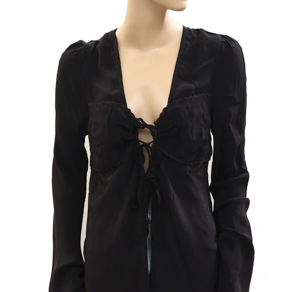 Free people Bali Ariel Tunic Tie Top Embroidered Lace Bell Sleeve Black M 284103 - Picture 6 of 9